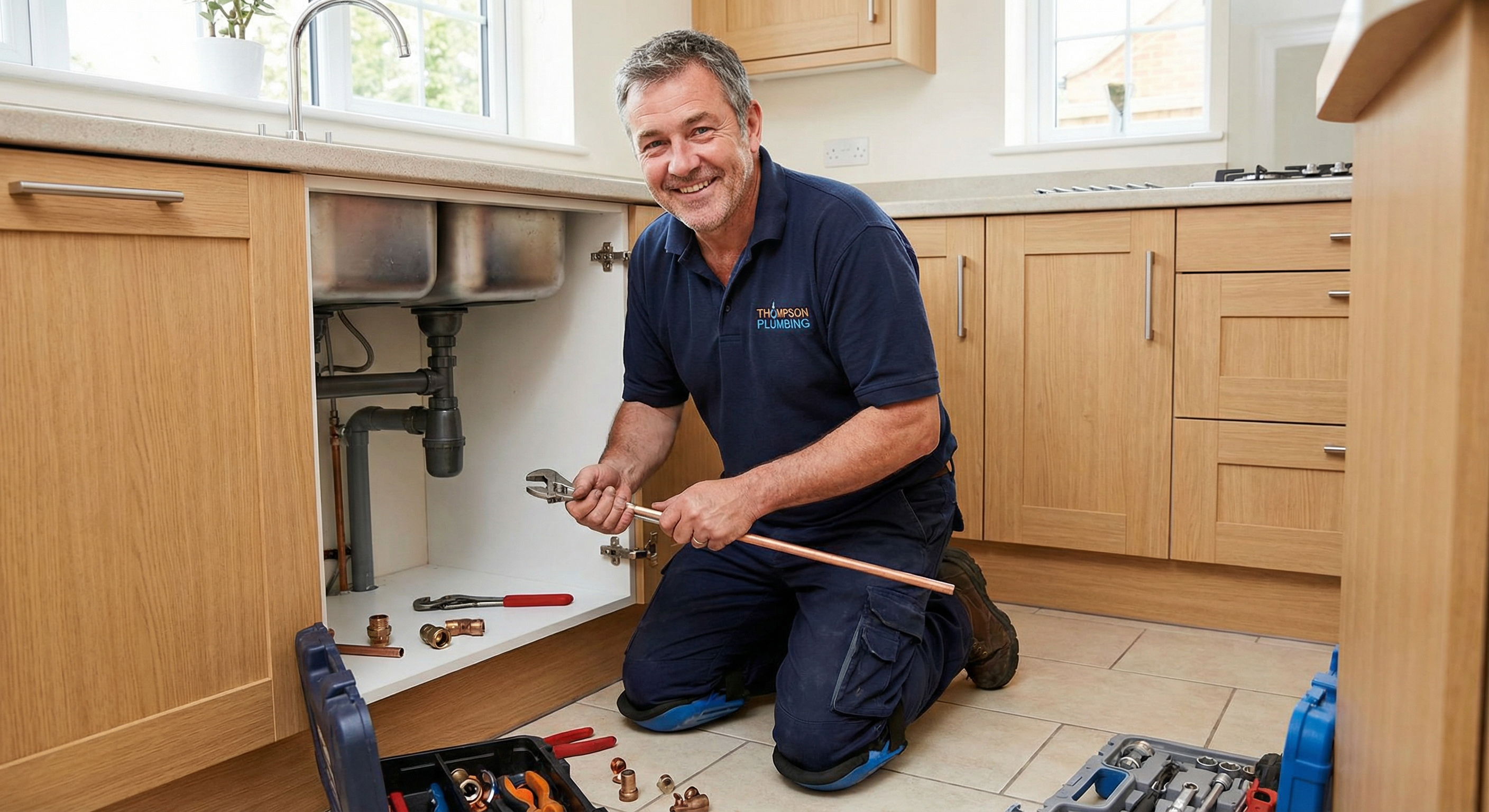 Professional plumber installing copper pipes
